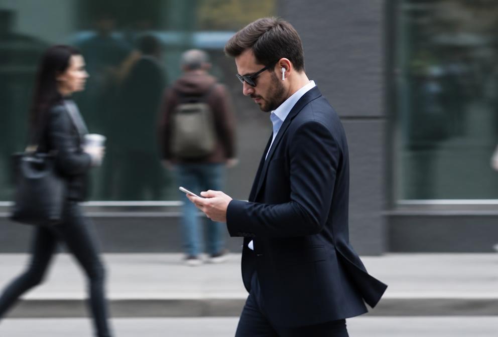 Mann navigiert unterwegs zügig mit seinem Smartphone