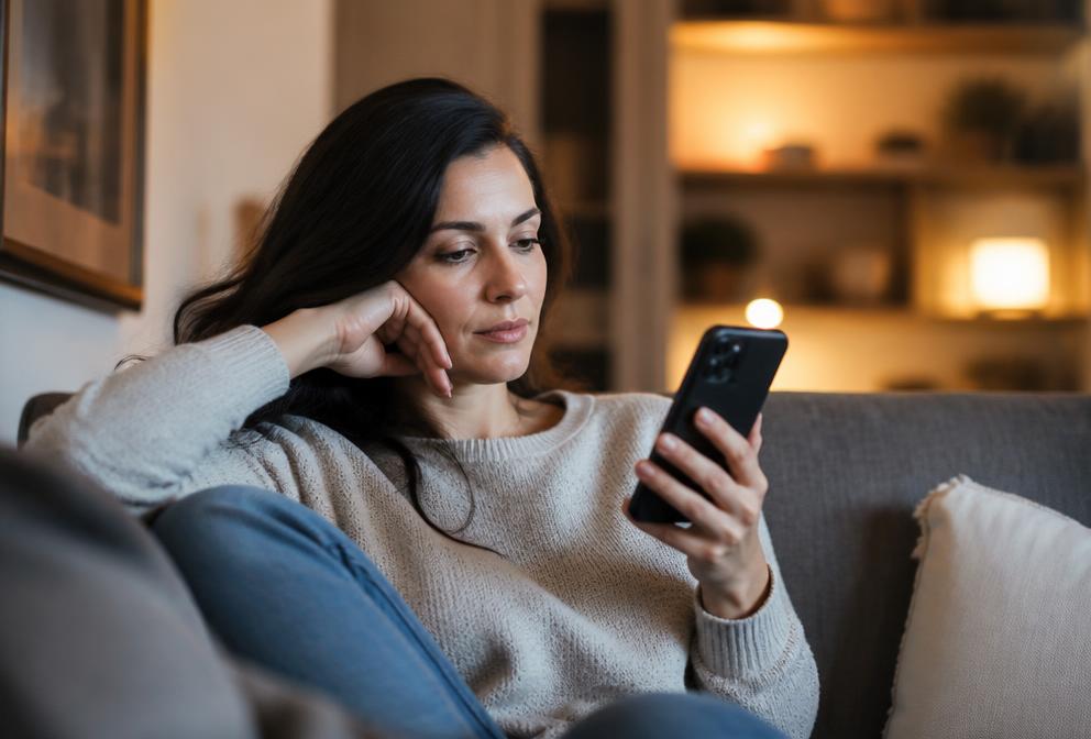 Frau informiert sich auf dem Sofa per Smartphone, bevor sie anruft